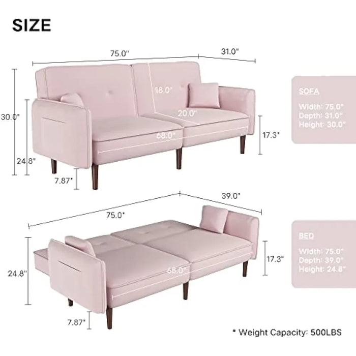Leisure Velvet Futon Sofa Bed with Adjustable Back, Convertible Sleeper Couch Chaise with 2 Pockets, Upholstered Loveseat, Pink