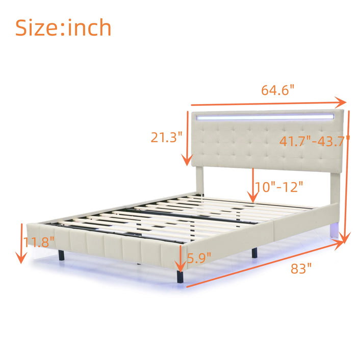 [Flash Sale]Queen Size Floating PU/Linen Bed Frame W/LED Lights&USB Charging Modern Upholstered Platform Bed Black/White[US-W]