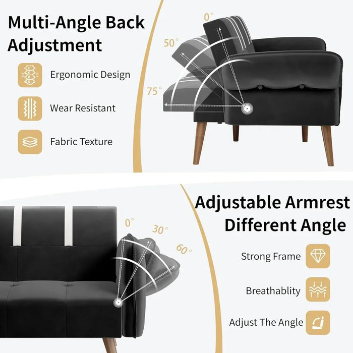 Sofa Bed for Living Room,Velvet Loveseat  for Apartments Office Small Spaces,w/Adjustable Armrests Backrest,Black