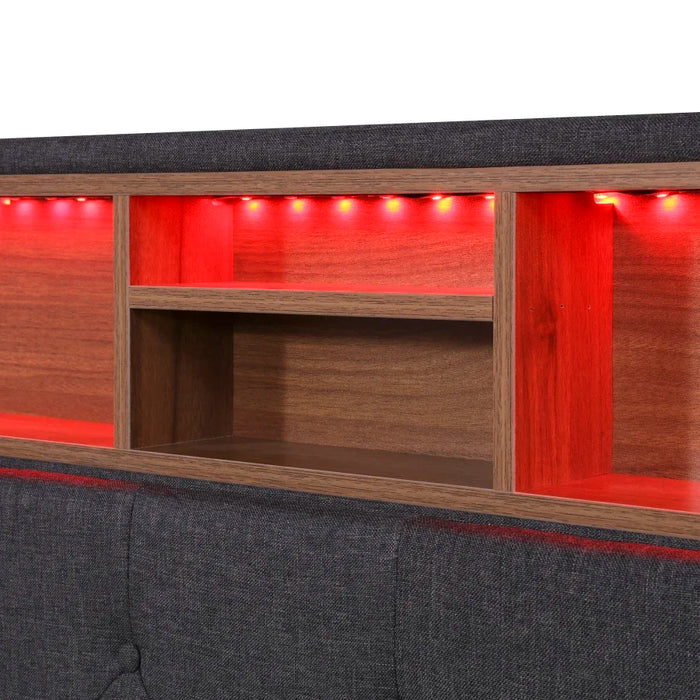 Charging Design Queen Size Upholstered Platform Bed with Storage Headboard, LED, USB Charging and 2 Drawers, Dark Gray