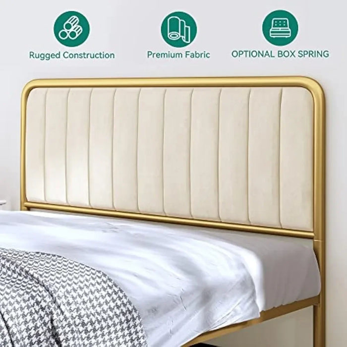 Queen Size Bed Frame, Velvet Bed Frame with Upholstered Headboard, Strong Metal Slats Support Platform Bed, No Box Spring Needed