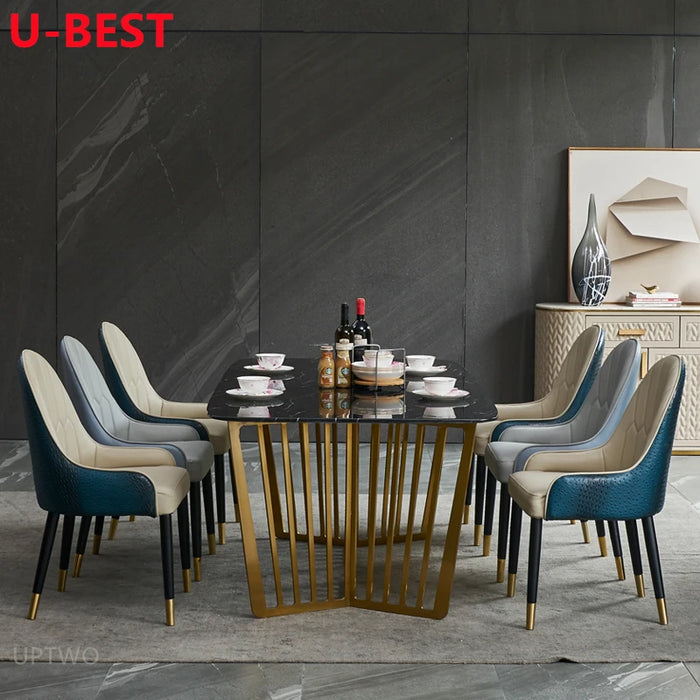 U-BEST European Style White Marble Stone Top Design Dining Table Modern Minimalist Rectangular Glossy Table Golden Furniture