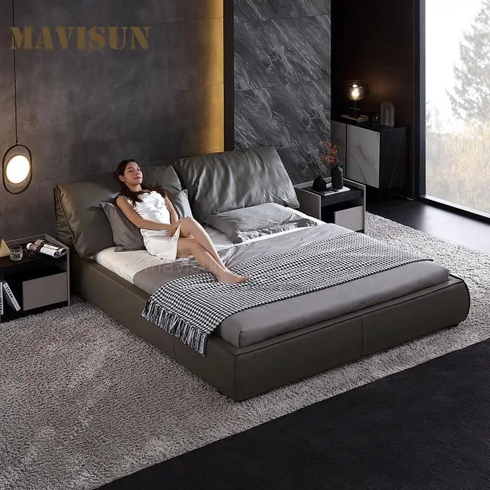 American Minimalist Leather Double Bed King Queen Size Master Bedroom Antique Wooden Furniture Post-Modern Luxury Wedding Bed