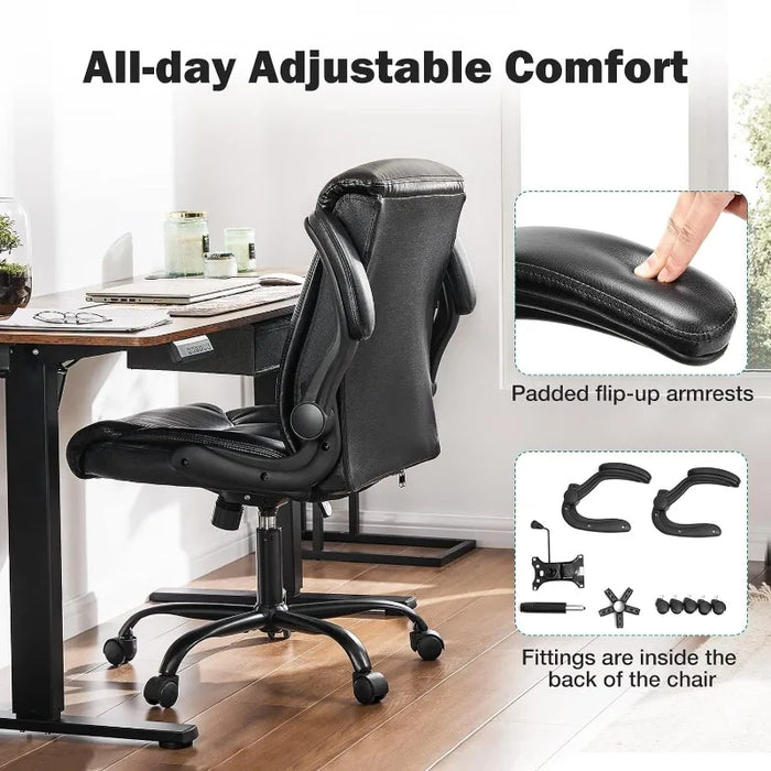 OLIXIS Mid Back Desk Office Flip-up Adjustable Office Chair, Dark Black
