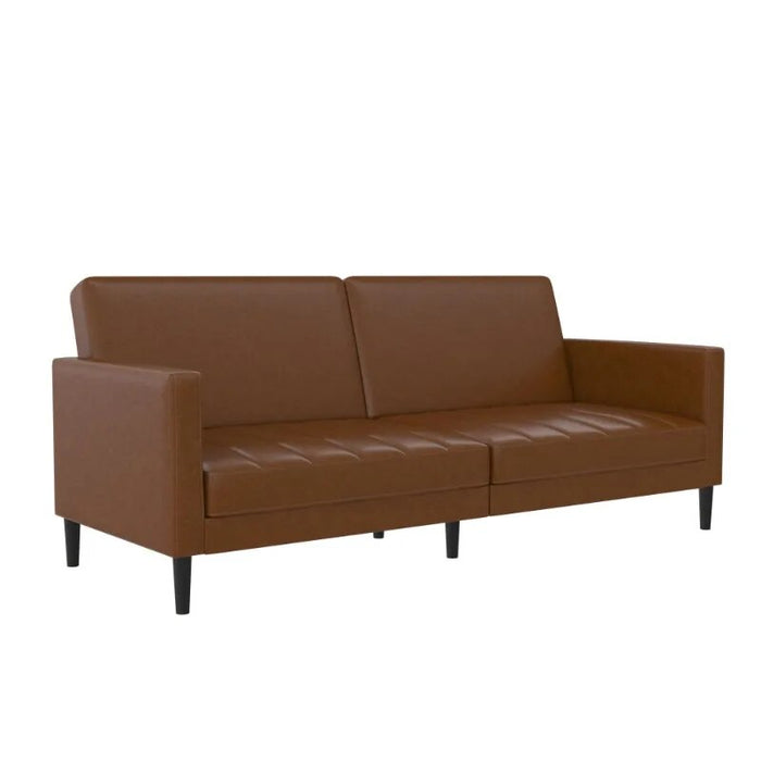 Queer Eye Farnsworth Futon Couch, Living Room Furniture, Camel Faux Leather