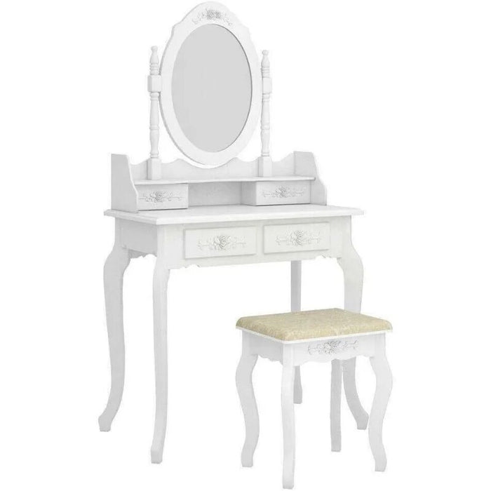 White Vanity Jewelry Makeup Dressing Table Set W/Stool 4 Drawer Mirror Wood Desk,Dressers for  Bedroom Furniture