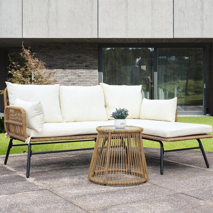 3PCS Outdoor Patio Furniture Set Balcony L Shape Natural Color PE Wicker Sofa Set with Beige Cushion,Round Tempered Glass Table