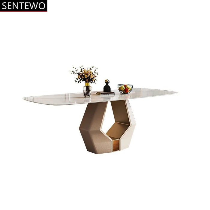 Luxury Rock Slab Dining Room Table 8 Chairs Set Stainless Steel Gold Frame Faux Marble Table Furniture Mesa Comedor Y Sillas