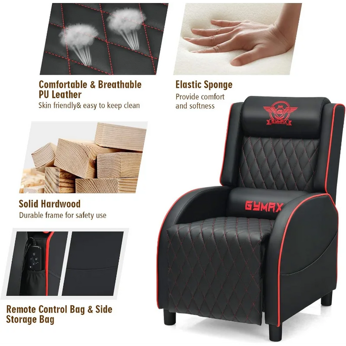 GYMAX Massage Gaming Recliner Chair, Ergonomic Racing Style Single Sofa with Adjustable Headrestg Room Office (Red)
