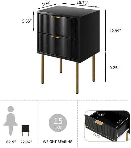 Bedside Table with Gold Frame,Side Table with Two Drawers,Bedside Furniture,Drawer Dresser with Mid-Century Modernfor Bedroom,Li