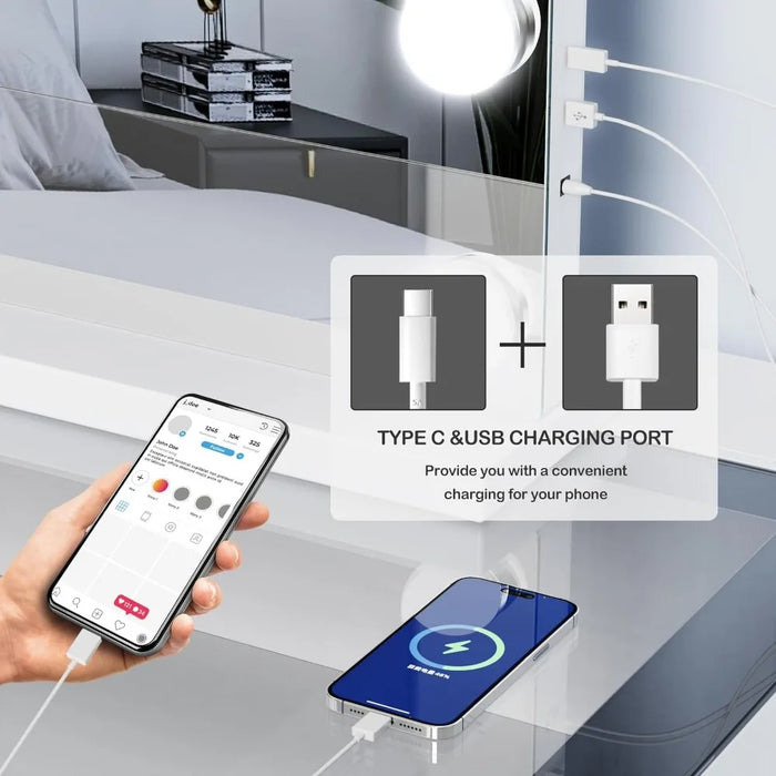24 Extra Light Bulb Vanity Mirror With Light 32WX24L Desktop Holly Cosmetic Mirror USB + Type-C Charging 3 Color Modes Bathroom