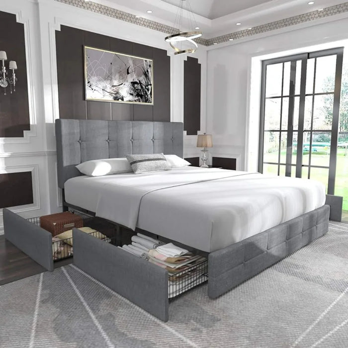 Upholstered Queen Platform Bed Frame, With 4 storage drawers and headboard, Square sewn buttons tufted, Base wood slat support