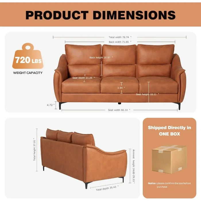 Faux Leather Sofa Couch, Modern 3-Seater Couch for Living Room/Small Space/Bedroom, Comfy Couch with Solid Wooden Frame