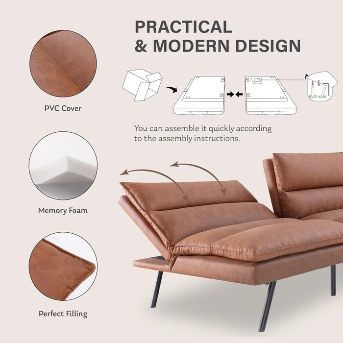 Sofa Bed,Multi-Functional Design Memory Foam Futon Couch with Adjustable Backrest,Leather Convertible,Sofa for Living Room,Brown