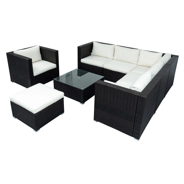 Patio Furniture Set, 8-Piece Patio Wicker Corner Sofa with Cushions, Ottoman and Coffee Table  for Pool Backyard Lawn