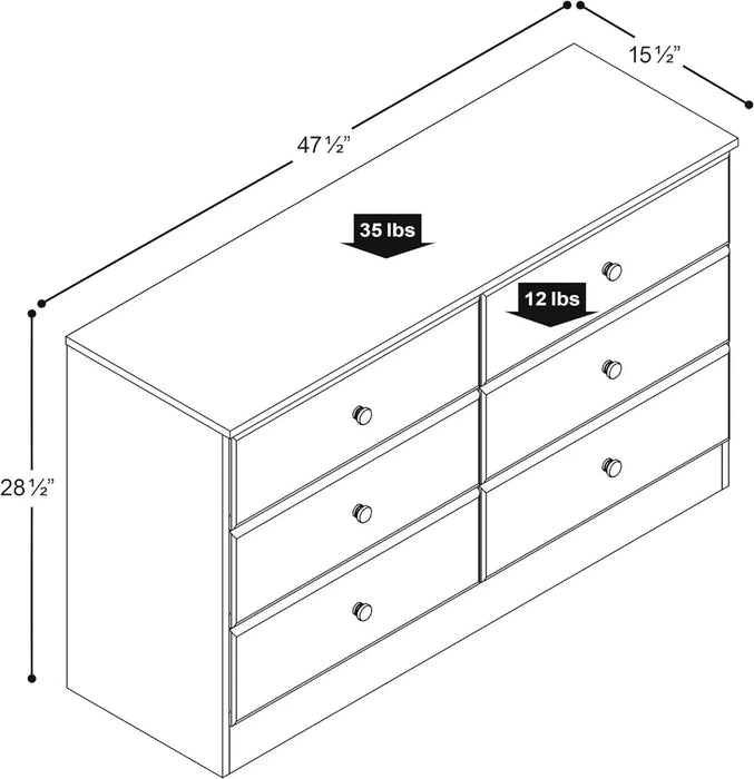 6 Drawer Double Dresser For Bedroom, 16" D x 47.25" W x 28.25" H, Black