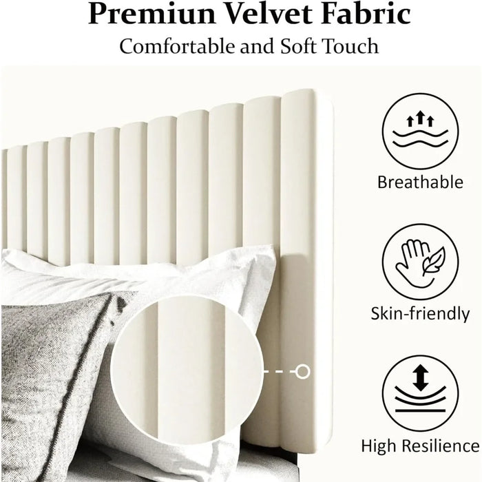 Bed Frame with Velvet Upholstered Headboard, Platform Bed with Sturdy Wooden Slats, Easy To Assemble, Queen Size Bed Frame