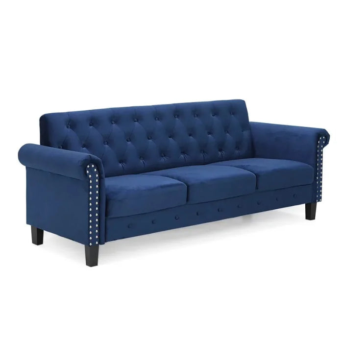 Furinno Bastia Vintage Button Tufted 3-Seater Sofa, Navy Velvet