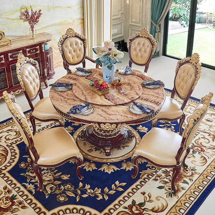 Marble dining table and chair combination simple solid wood rosewood color classical round household