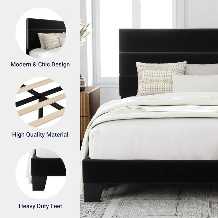 Bed FrameQueen-size Platform Bed Frame With Velvet Upholstered Headboard And Wooden Slatted Support, Fully Upholstered