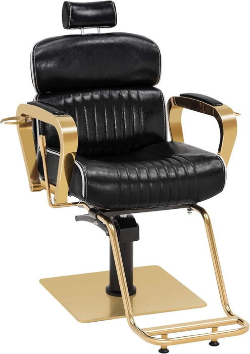 BarberPub Vintage Barber Chair Metal Hydraulic Recline Beauty Spa Salon Styling Equipment 3078 (Gold)