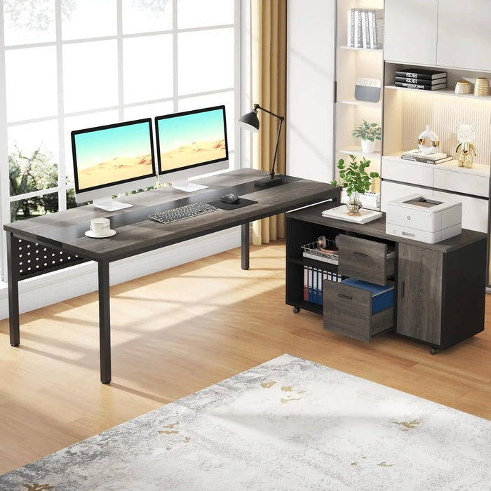 70.8" Executive Desk with Lateral File Cabinet, Modern Thickened Wooden Workstation L-Shaped Computer Desk Large