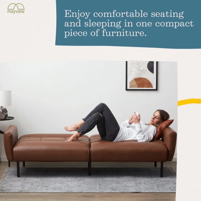 Mayview Sofa Bed with Box Tufting and Removable Arms, Brown Faux Leather