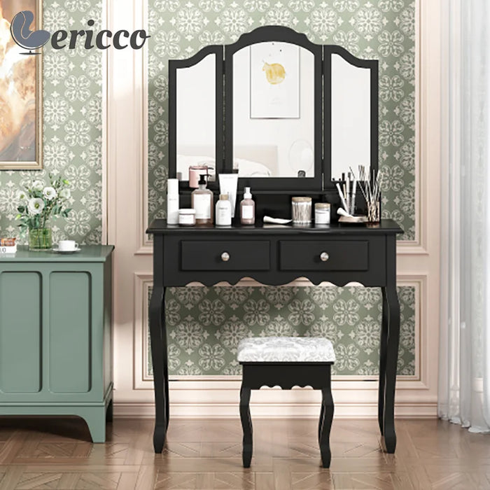 GERICCO Nordic Dressing Table Wooden Vanity Table with Three-fold Mirror Upholstered Stool Luxury Bedroom Furniture Vanity Set