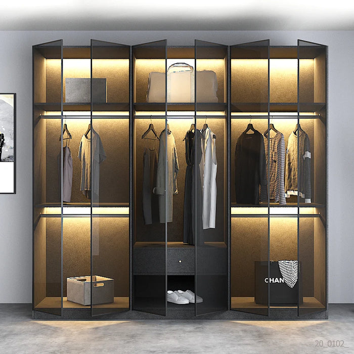 Modern simple glass door, wardrobe, LED sensor light, door to door, bedroom wardrobe