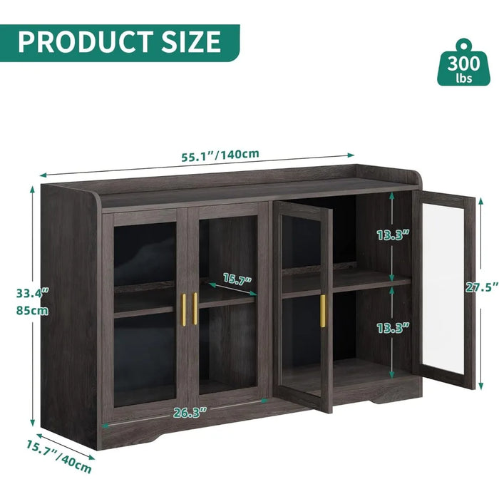 55'' Sideboard Buffet Cabinet With Storage and Adjustable Shelves Living Room Cabinet Charcoal Grey Cabinets Locker Furniture