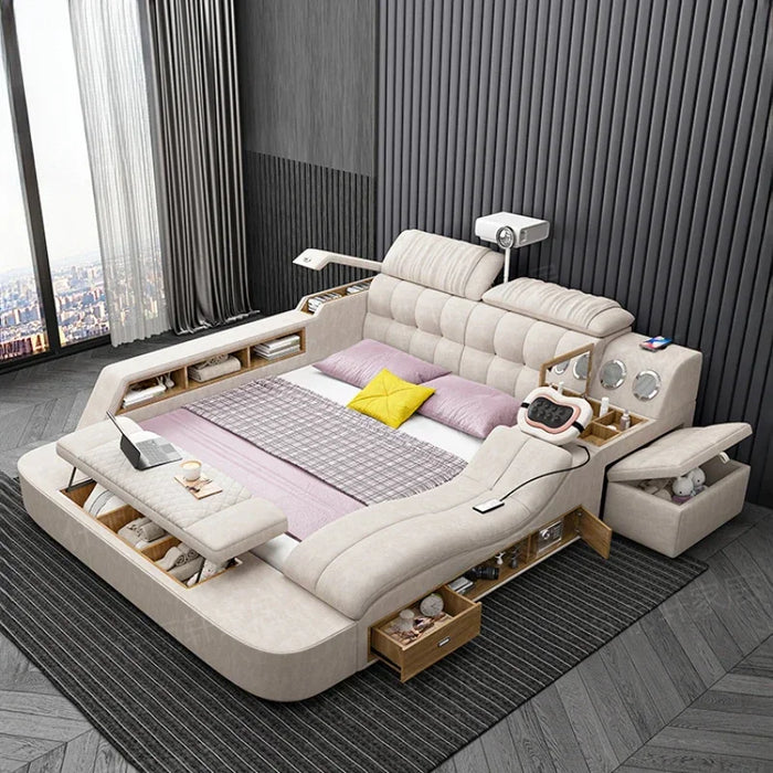 Nordic Smart Aesthetic Double Bed Master Storage Luxury White Double Bed Multifunctional Leather Camas Matrimonial Furniture