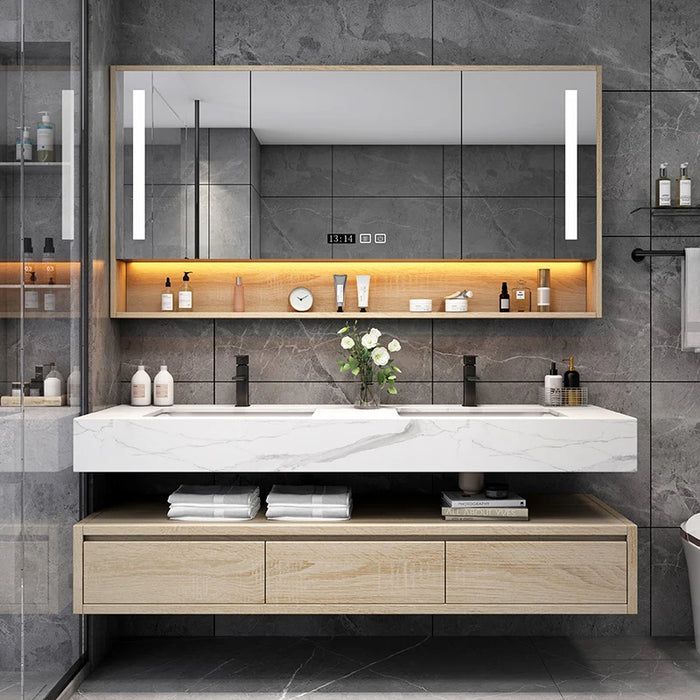 Light Luxury Bathroom Artificial Rock Panel Smart Solid Wood Bathroom Cabinet Set Bathroom Double Basin Bathroom Sink Cabinet