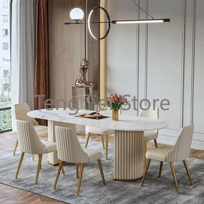 White Minimalist Light Luxury Bright Rock Plate Dining Room Set Modern Chairs Household Living Room Tavolo Pranzo Furniture WK