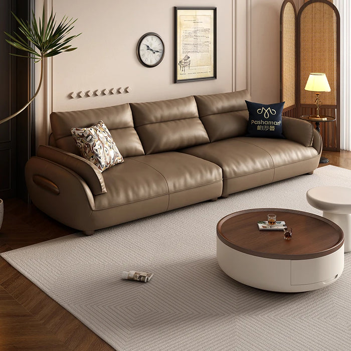 Leather sofa head cowhide French retro small living room straight high backrest cream sand hair