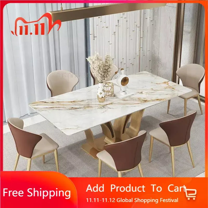 Luxury Villa Dining Room Swan Shape Rectangular Island Table 1.8m And 6 Chairs Set Golden Creative Design Marble Furniture