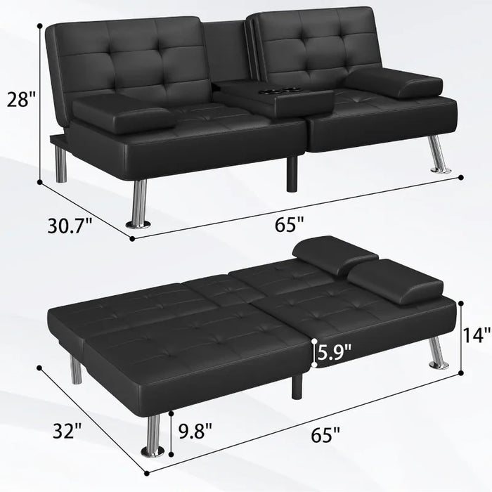 Flamaker Futon Sofa Bed Modern Faux Leather Couch, Convertible Folding Futon Couch Recliner Lounge for Living Room