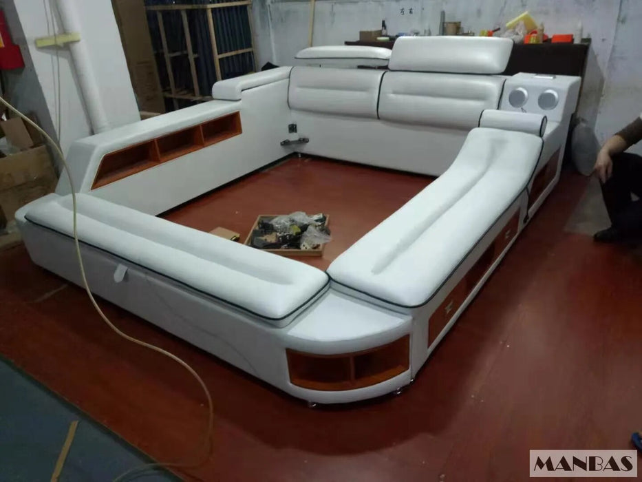MINGDIBAO Massage Bed - Tech Smart Bed with Multifunctional Bed Frame, Genuine Leather, USB, Bluetooth Speaker and Safe Bedroom