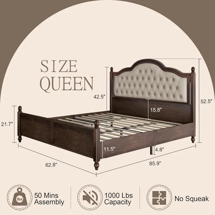 AMERLIFE Solid Wood Bed Frame Queen Size, Transitional Platform Bed with 52.5" Upholstered Tufted Headboard