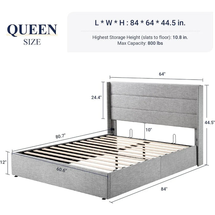 Bedroom furniture large lift storage bed, modern wing-back headboard, no springs required, hydraulic storage, light beige