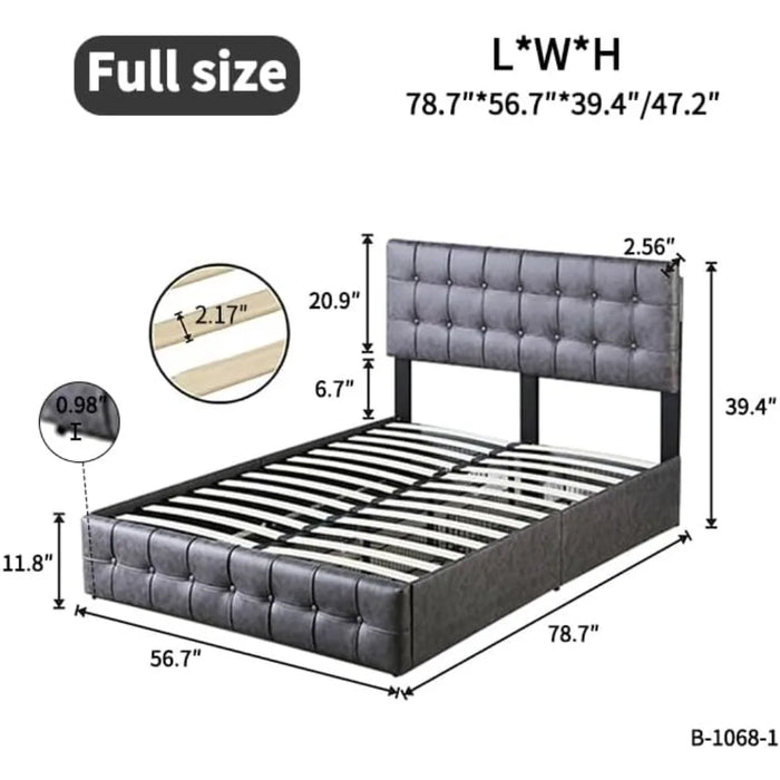 Upholstered Bed Frame Full Size with 4 Storage Drawers and Button Tufted Headboard, Comfort Adjustable Mattress Height, Grey