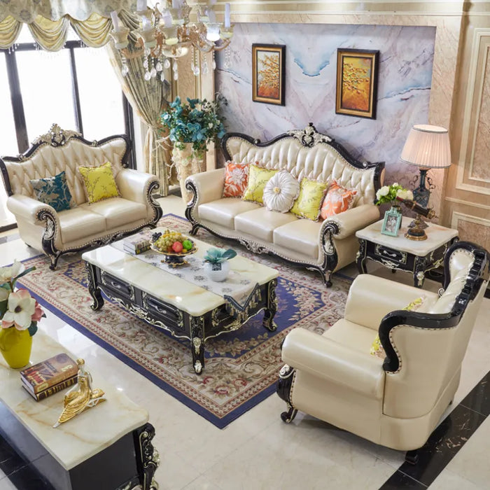 European Style Real Leather Solid Wood Living Room Sofa Set 123 Combination Classical New Painted Oak Carving House Furniture