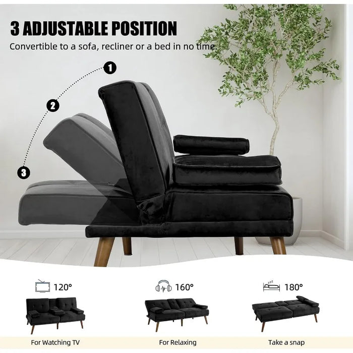 Shahoo Convertible Folding Futon Sofa Bed Sleeper Couch f, Metal Legs, 2 Cup Holders, Black