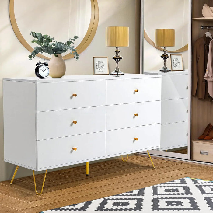 Dresser for Bedroom with 6 Drawers, Modern Wood 6 Drawer Dresser with Black Knobs, Chest of Drawers for Nursery, Living Room