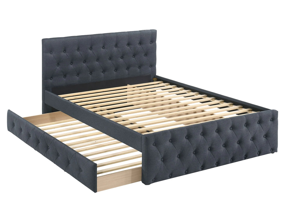 Contemporary Twin Size Bed w/ Trundle Slats Charcoal Burlap Upholstered Button Tufted Headboard Footboard Youth Bedroom Furnitur