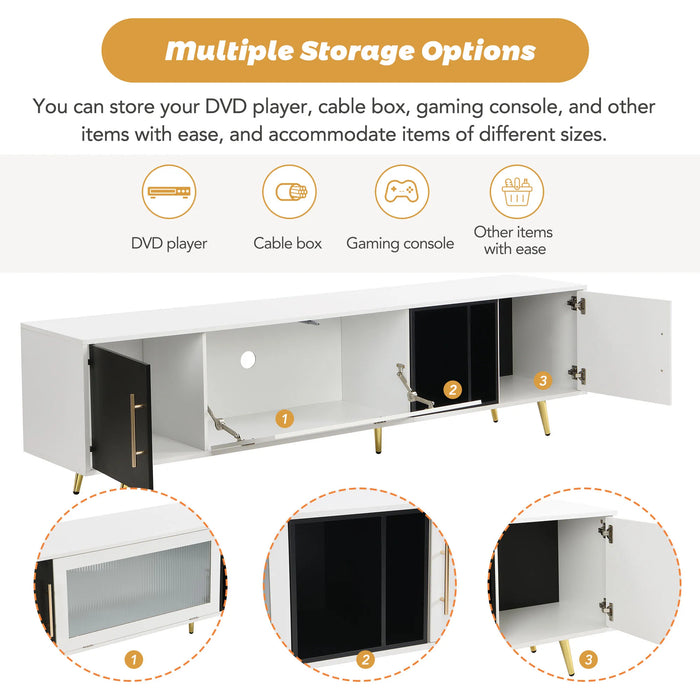 Stylish TV Stand W/Golden Metal Handles&Legs&Removable Compartment 2-Tone TV Cabinet Fluted Glass Door Media Console for 80" TVs
