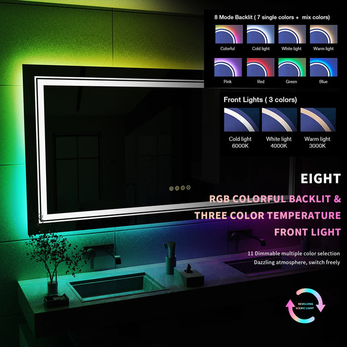 RGB LED Bathroom Mirror, Large Backlit Vanity Mirror with Lights, RGB Lighted Mirror for Wall, Anti- Fog, Dimmable , CRI 90