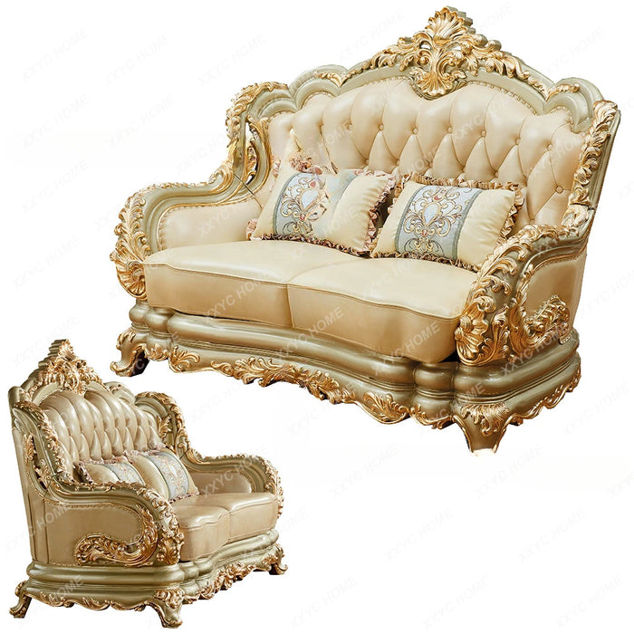 Furniture Leather Sofa Combination Living Room Double-Sided Solid Wood Carved Villa High-End Sofa