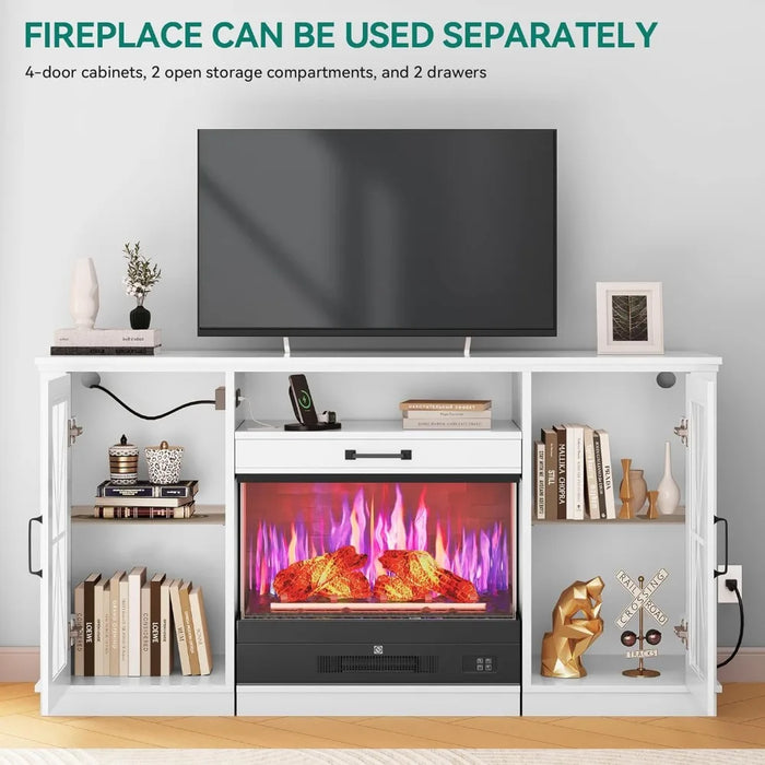 60 Inch TV Stand with Slidable Fireplace for up to 70" TVs, LED Fireplace TV Stands for Living Room, with Storage Cabinets