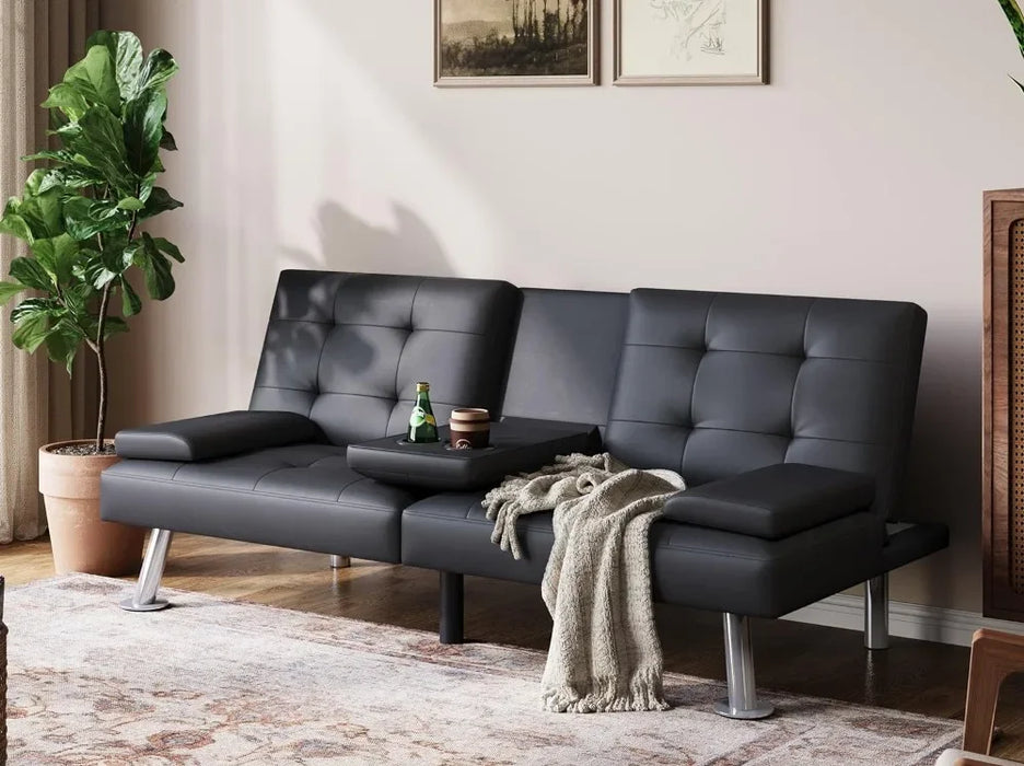 Futon, Faux Lether Futon Couch Bed, Comfy Modern Black Futon Bed, Folding Recliner Sleeper Sofa with Adjustable Backrest,
