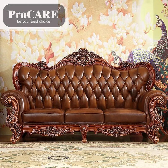 ProCARE European-style genuine leather sofa set sofa wood carving living room furniture